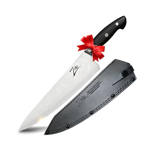 Zelite Damascus 10 Inch Chef Knife - Japanese Executive 10 Inch Chef's Knife for Kitchen with Curved Handle; Professional Kitchen Knife with Japanese AUS-10 Super Steel 45-Layer - Leather Sheath
