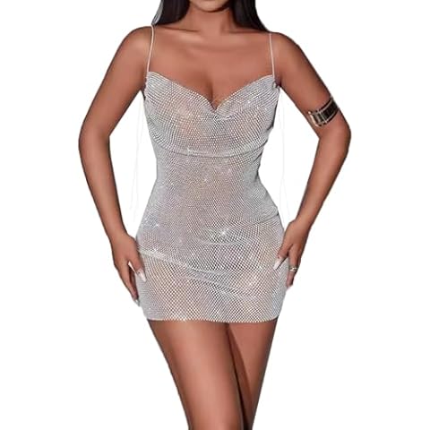 Qunsia Womens Sexy Mesh Rhinestone Mini Dress Backless Tie Spaghetti Strap Party Club Outfits (US, Alpha, Large, Regular, Regular, White) Cover