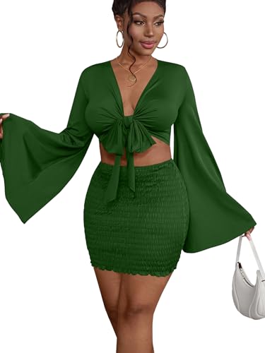 Image of LYANER Women 2 Piece Vacation Outfits Tie Knot Front Bell Long Sleeve Crop Top and Mini Skirt Summer Set