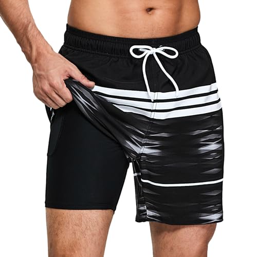 Badehose Herren Schnelltrocknend mit Reißverschlusstasche, 2-in-1 Badeshorts für Herren mit Kompressions-Innenhose, Boardshorts Männer für Strand, Pool & TrainingP1 Schwarz-Weiß-Streifen, L