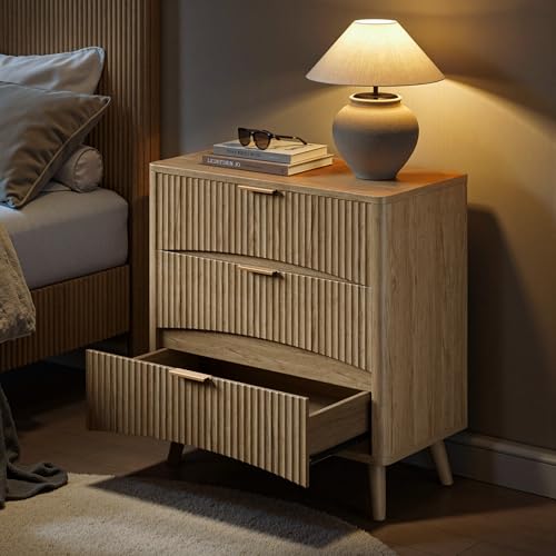 Image of Evermagin 31.5 inchW Oversized Large Fluted Nightstands Set of 2, 3 Drawers Light Wood Night Stand Bedside Table, Mid Century Modern Small Dresser for Bedroom, Natural Oak