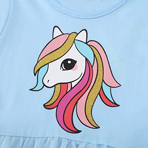 Toddler Girls Easter Cotton Casual Tutu Dress Short Sleeve Blue Unicorn Tulle Skirt Party Summer Spring Outfits Playwear Dresses 2T4