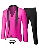 MrSure Mens 3 Piece Tuxedo Set with Bow Tie, Slim Fit One Button Shawl Lapel Blazer Vest Pants, for Formal Prom Party Wedding, Fuchsia