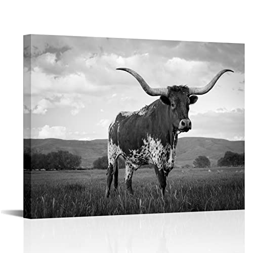 Visual Art Decor Longhorn Cow Pictures Black And White Cow Painting Canvas Wall Art Framed Artwork For Home Decor 24Inchx32Inch #TOP10