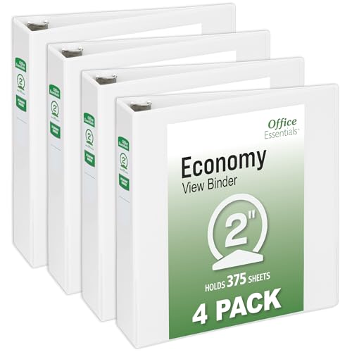 Office Essentials Economy View 3 Ring Binders 2 Round Rings 2.8 Spine 375-Sheet Capacity White Binders (4-Pack of 03146)
