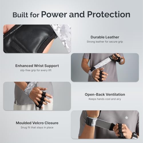 Image of CULT Leather Gym Gloves with Wrist Wrap Support for Weightlifting & Powerlifting | Heavy Duty Leather Half Finger Workout Gloves for Men & Women, Anti-Callus Gym Grip (Size S-M)