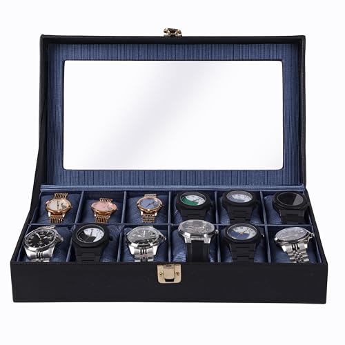 Image of Watch Organizer Case Box | PU Leather, Black & Blue Finish, Transparent Top