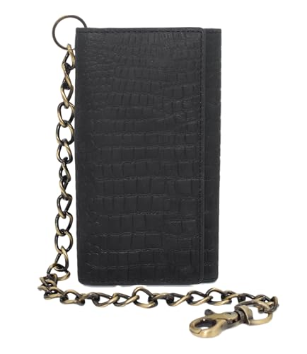 RFID Blocking Mens Tri-fold Long Style Crazy Horse Leather Steel Chain Wallet, (Croco Black)