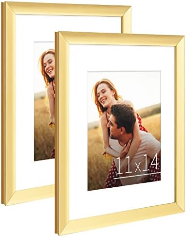 KSROECUD 11 x 14 Picture Frame Set of 2 with High Definition Plexiglass, 11x14 Picture Frame with mat for 8x10 for Wall Mounting, Gold