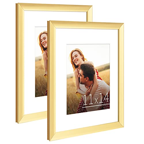 Ksroecud 11 X 14 Picture Frame Set Of 2 With High Definition Plexiglass, 11X14 Picture Frame With Mat For 8X10 For Wall Mounting, Gold #TOP2