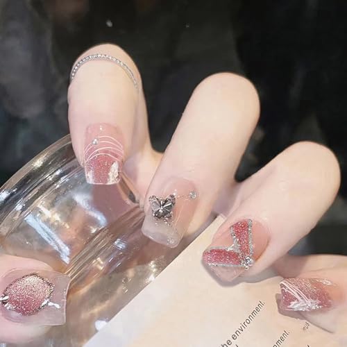 Image of Secret Lives Transparent Peach Color Reusable Artificial Fake False 24 Pieces Set | Blackish Silver 3D Butterfly with Silver Glitter & Pearls Press on Nails with Kit