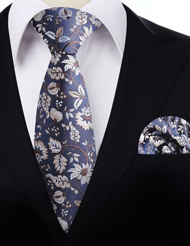 Image of Alizeal Mens 3.15inches Leaf Flower Pattern Tie Set | Floral Pattern Pocket Square Perfect for Fall Winter Business and Holiday Events