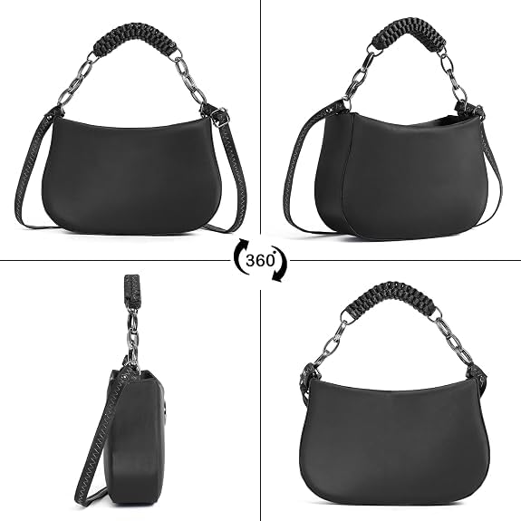 Image of Black Structured Handbag with Gold Chain Handle and Woven Crossbody Strap, Faux Leather