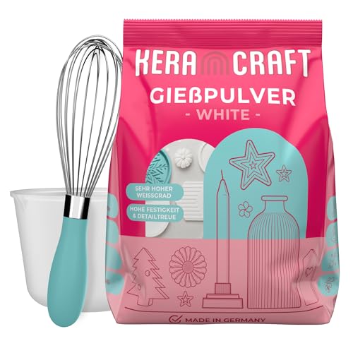 Keracraft Gießpulver weiß 4 5kg mit Silikonbecher 1.000ml und Schneebesen - Reliefgießpulver weiß für kreative Projekte