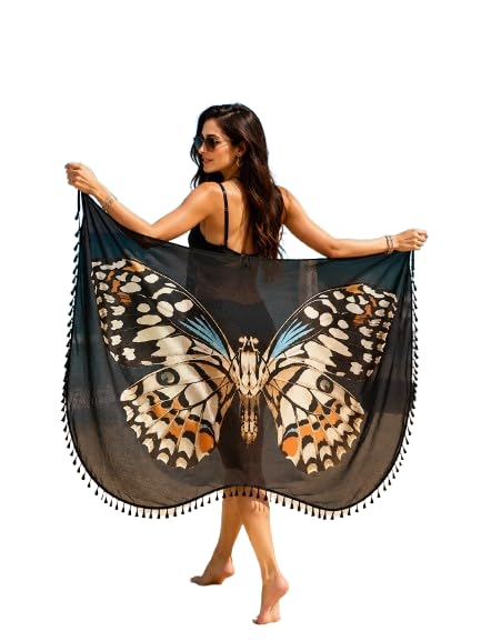 Women's Butterfly Print Beach Sarong - Lightweight Chiffon Cover Up Wrap with Tassel Hem for Swimwear, Vacation, and Pool Party Multicolour-image-39