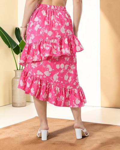 Image of OOMPH! Women Floral Printed Asymmetric Ruffled Midi Skirt | Elegant Flowy Fit | Mid-Rise | Lightweight & Breathable | Flared Hem | Summer Casual Skirt