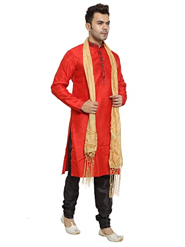 Image of ITOS365 Men's Tunic Art Silk Kurta Pajama and Scarf Suit Set Indian Clothing Wedding Party Dress Gifts Items
