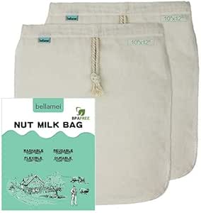 Bellamei Nut Milk Bag Cheesecloth Bags Reusable Certified Organic Cotton Nut Bags for Almond Milk,Juice,Cold Brew Coffee,Tea,Yogurt,Cheese,Bone Broth,Sprouting 2 Pack