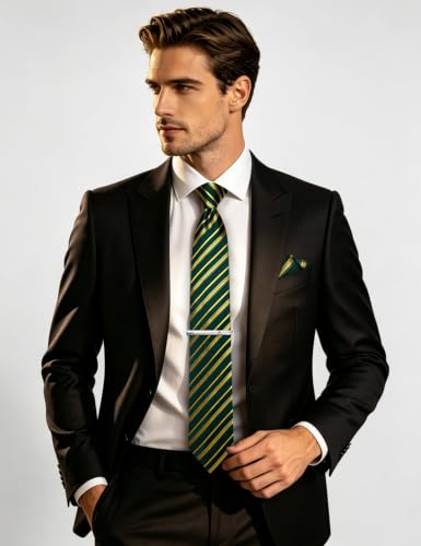 Image of DiBanGu Mens Silk Tie Formal Striped Necktie and Pocket Square