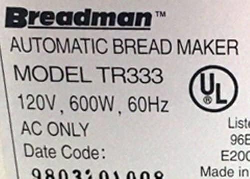 Breadman TR333 model label
