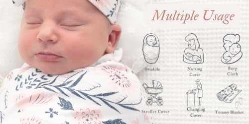 Image of Newborn Baby Swaddle Sets with Headband Blue and Pink | Baby Grils Receiving Blanket with Name Card Stretch Wrap