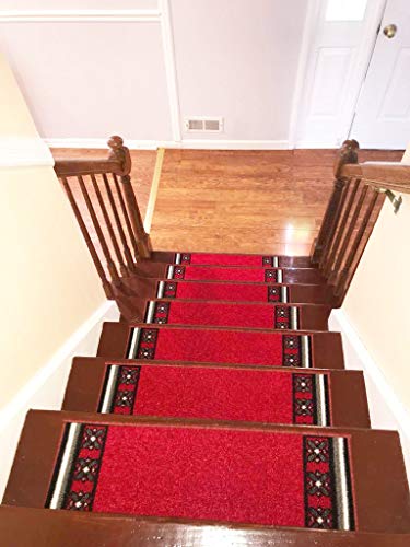 Stair Treads Carpet Rubber Backing – Stair Runners For Steps– Rubber Back Stair Rugs – Pet Dog Carpet For Stairs - Stairway Carpet Rug – Set Of 7 Emy Red (8.5” X 26”) #TOP4