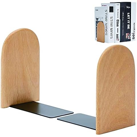 Book Ends Shelf, 1 Pairs Wood Bookends, Heavy Duty Book Holders, Wooden Book Stopper, Anti Slip Book Stand Holder, for Home, Office, School, Library (Round Head) Cover