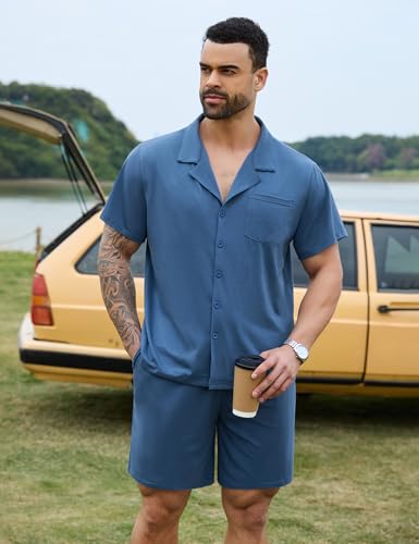 Marvmys Men Pajama Set Cotton Sleepwear Short Sleeve Button Down Pajamas Loungewear 2 Piece Pj Set with Pockets S-2XL2