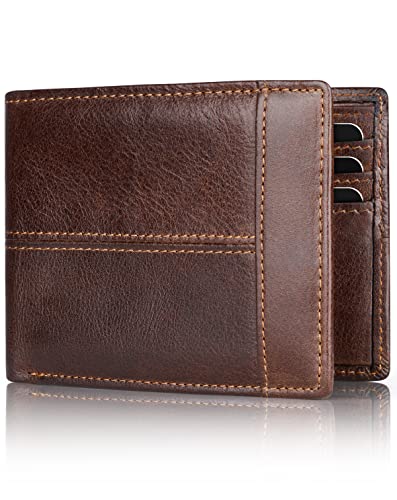 Mens Wallet RFID Genuine Leather Bifold Wallets For Men, ID Window 16 Card Holders Gift Box