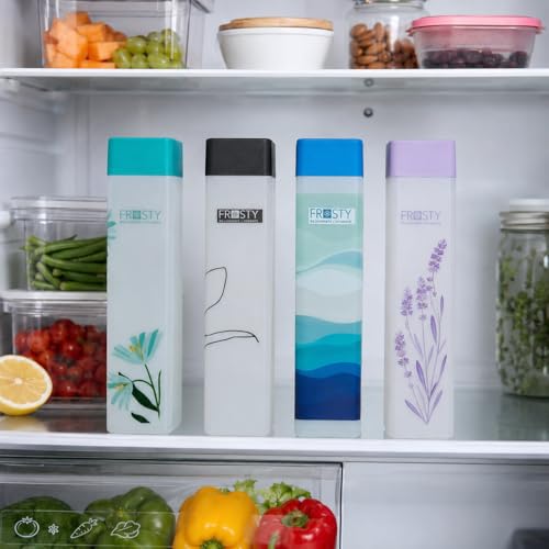 Image of Frosty Premium Square Fridge Water Bottle Set of 4, 1 Litre Leakproof BPA Free HDPE Plastic Bottles for Refrigerator, Kitchen, Office & Gym, Stylish Reusable Water Bottles