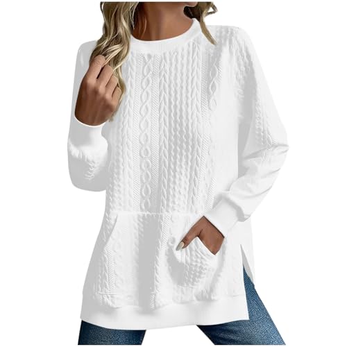 Womens Long Sleeve Outfit Sweatshirt for Women Crewneck Loose Fit Jacquard Crochet Slit Knit Plain Fall Winter 2025