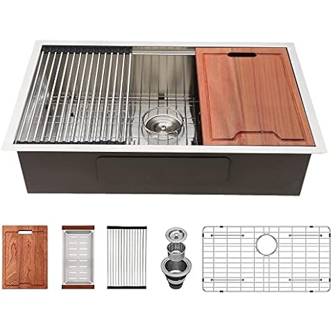 33 Kitchen Sink Undermount - Lordear 33" x 19" Undermount Sink 16 Gauge Stainless Steel Deep Single Bowl Ledge Workstation Kitchen Sink Cover