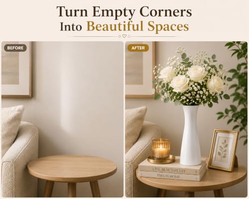 Image of White Ceramic Flower Vase for Home Decor, Modern Decorative Vase for Living Room, Bedroom & Office, Minimalist Table Centerpiece for Roses, Tulips, Baby's Breath & Artificial Flowers
