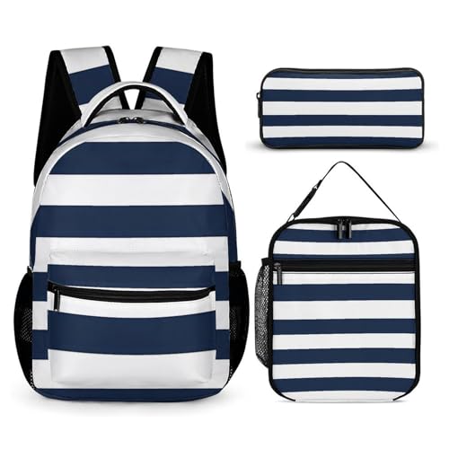 Navy Blue And White Stripe Funny Backpack Sets Lightweight 3Pcs Daypack Set with Lunch Box And Pencil Case for Women Men