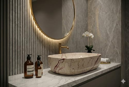 Image of Designer Ceramic Wash Basin For Bathroom | Over Counter Bathroom Basin | Counter Top Bathroom Sink | Wash Basin For Restaurant, Hotel (18 x13 x 5 Inch) (Light Warm Beige)