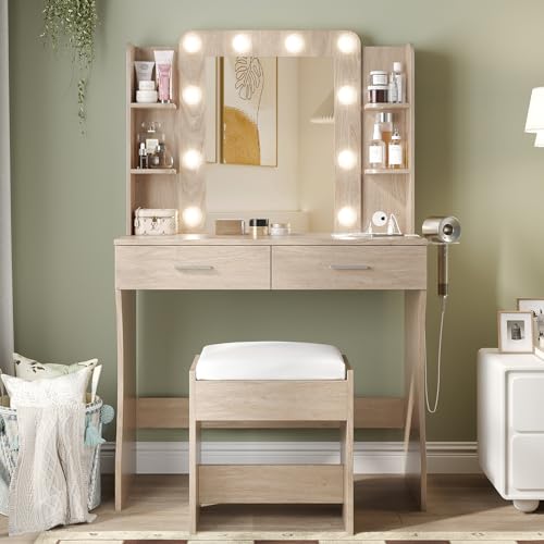 Image of Vabches Vanity Desk with Mirror and Lights,Makeup Vanity Table with Charging Station,2 Drawer Bedroom Dressing Table with 3 Colors Modes Dimming & Cushioned Stool,Natural Oak