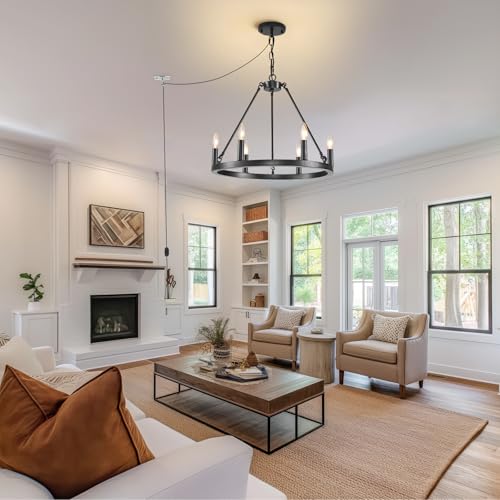 Hoxiya DJ-PL1101 6 Lights Dimmable Plug In Wagon Wheel Chandelier, 20.5 Inch Black Round Hanging Lights Fixture With Long Cord, Farmhouse Rustic Pendant Light, Height Adjustable Outdoor Ceiling Lights thumb #7