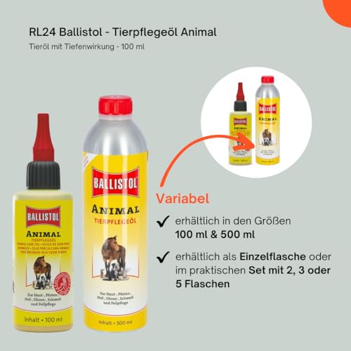 RL24 Ballistol - Tierpflegeöl Animal | Tieröl mit Tiefenwirkung | sanfte Pflege für Pferde, Hunde, Katzen & Co. | ideale Schweif-, Fell- & Hufpflege | für Heim-, Hof- & Haustiere | 1 x 100 ml