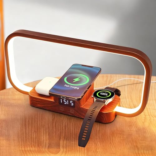 LED Bedside Lamp with Wireless Charger, 3 in 1 Touch Control Bedside Table Lamp, 5 Color Mode & Dimmable, Desk Lamps with Clock for Nightstand, Table Night Lamp for Bedroom, Gifts