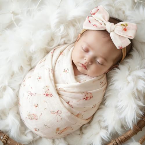 Image of LifeTree Baby Muslin Swaddle Blankets for Boys & Girls, Newborn Swaddle Set with Matching Headband Bow, Infant Blanket Wrap, 47 x 47 inches, Bow Rabbit, 70% Viscose from Bamboo and 30% Cotton