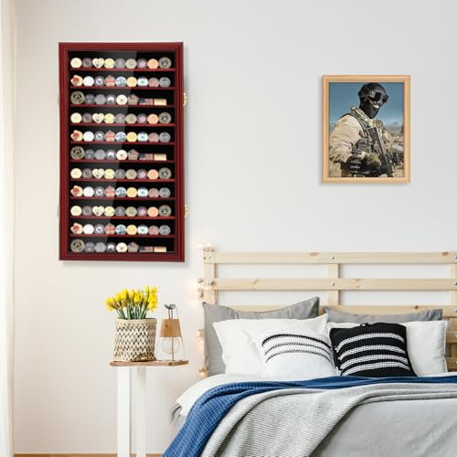 Image of Silipull Military Challenge Coin Display Case Wood Medal Wall Mount Lockable Cabinet Rack Holder Shadow Box for Casino Poker Chips Souvenirs