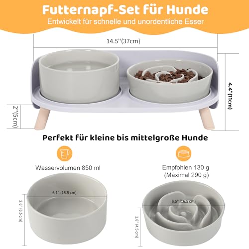 Antischlingnapf Hundnapf Erhöht Keramik Napfset - Doppel-Fressnapf für langsames Fressen - Futternapf & Wassernapf mit rutschfestem Kunststoff-Ständer - Für kleine und mittelgroße Hunde