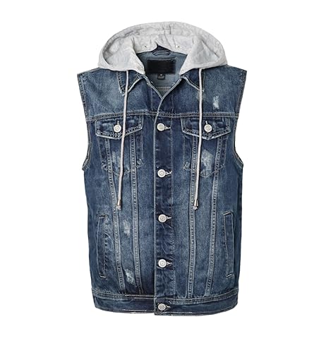 URBANJ Men's Hooded Denim Vest Sleeveless Jean Jacket