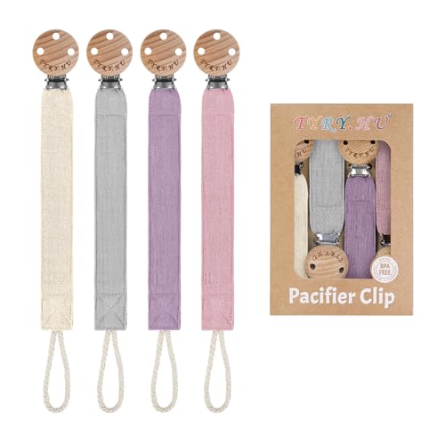 Image of TYRY.HU Ribbon Pacifier Clip Holder,4 Pack Binky Paci Holder Clips, Pacifier Leash, Soft Webbing Strap Universal Fits for Most Pacifier, Styles(Cream,Grey,Rose,Purple)