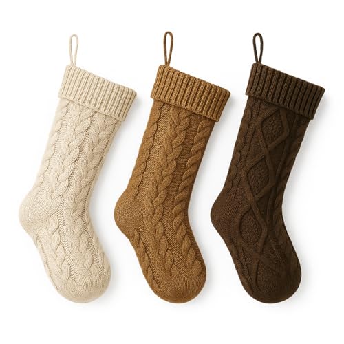 GEN:ZAI Set of 3 Knitted Christmas Stockings – Cable Knit Fireplace Hanging Decoration – 46cm Neutral Beige Brown Cream Xmas Mantel Socks for Holiday Home Décor