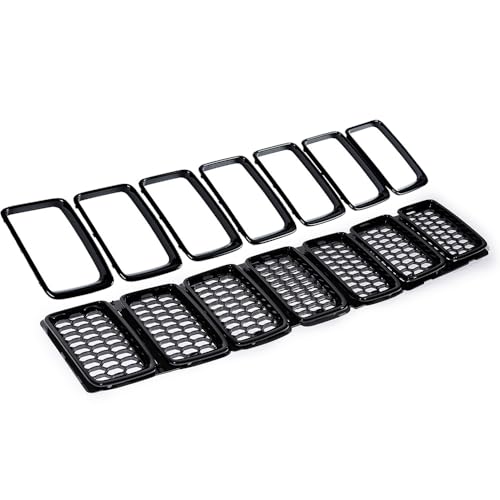 Image of Full Set Honeycomb Mesh Grille Insert with Cover Trim Ring Compatible with 2014-2016 Jeep Grand Cherokee