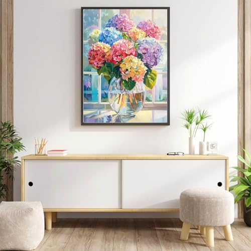 Image of HASTHIP Diamond Painting Kits for Adults, Color Hydrangea 5D Diamond Art Kits for Beginner Kids DIY Full Drill Diamond Dots Crystal Craft Kits for Home Wall Decor Gifts, No Frame 12x16 inch