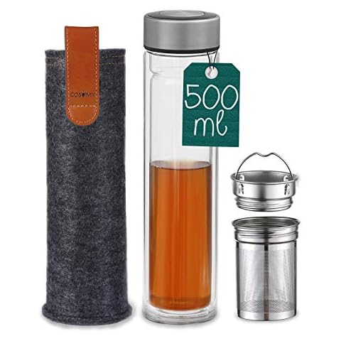 Tea Bottle with Stainless Steel Strainer - Double-Walled Glass - Heat Resistant - 500 ml Drinking Bottle to Go with Felt Bag Cover