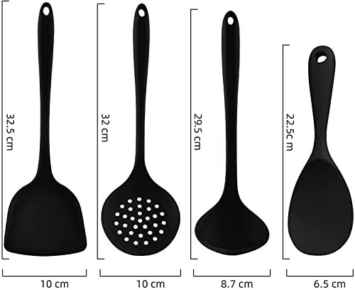 Image of Silicone 4-Piece Cooking Utensils Set - BPA-Free Cooking Spatulas - Soup Ladle, Rice Spoon, Turner Spatula, Skimmer (Black)