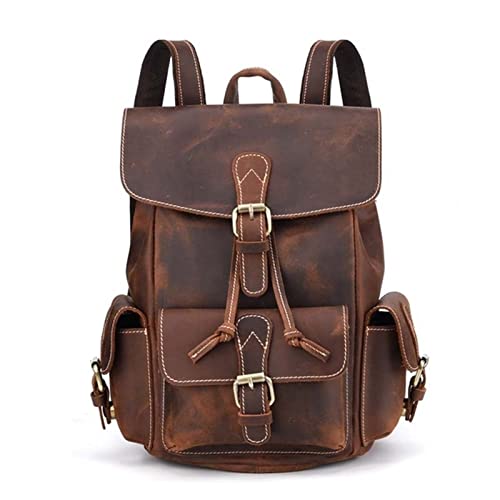 Hiking Rucksack Retro Cowhide Bag Personality Men Backpack Leather Cool Casual Trave,Brown